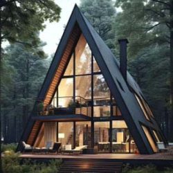 Moderna A-Frame kućica okružena borovom šumom i zelenilom, sa velikim staklenim prozorima i toplim svetlom koje dopire iz luksuznog enterijera.