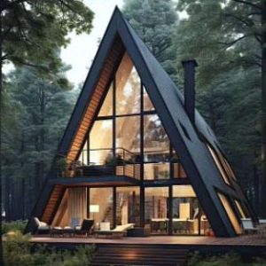 Moderna A-Frame kućica okružena borovom šumom i zelenilom, sa velikim staklenim prozorima i toplim svetlom koje dopire iz luksuznog enterijera.