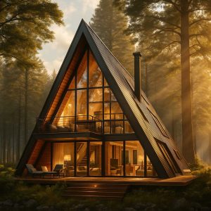 Realistična fotografija A-Frame montažne kućice okružene borovom šumom u zlatnom svetlu zalaska sunca. Kućica je izrađena od čelične konstrukcije i drvenih detalja, sa velikim panoramskim prozorima i luksuznim enterijerom. Idealna ilustracija za prodaju i montažu modernih kućica za odmor.